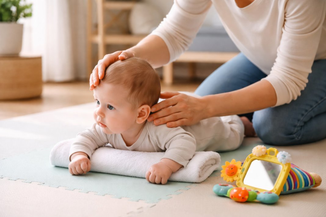 Ce exerciții recomandă kinetoterapeutul pentru corectarea poziției capului la sugar?